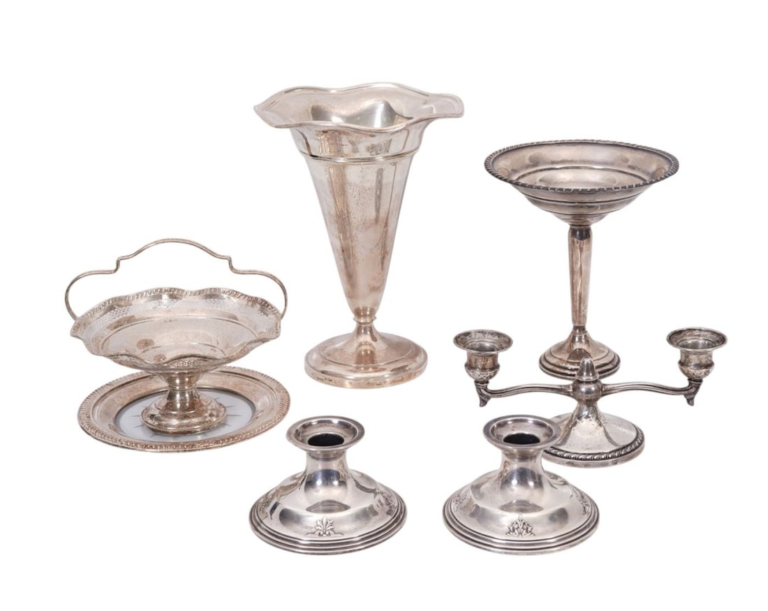 Lot of Weighted Sterling Silver, Vase, 2 Bowls, Pair Candleholders, Candelabra and Coaster, (Vase 8 (1 of 8)