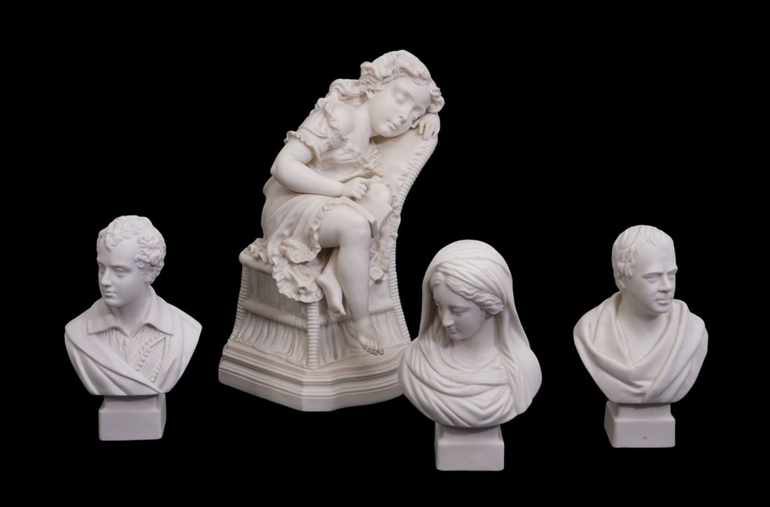 4 Pcs. Parian Ware, Seated Child R. Morris (13"h x 9"w) & 3 Classical Busts, Tallest 7 1/2"h (1 of 6)
