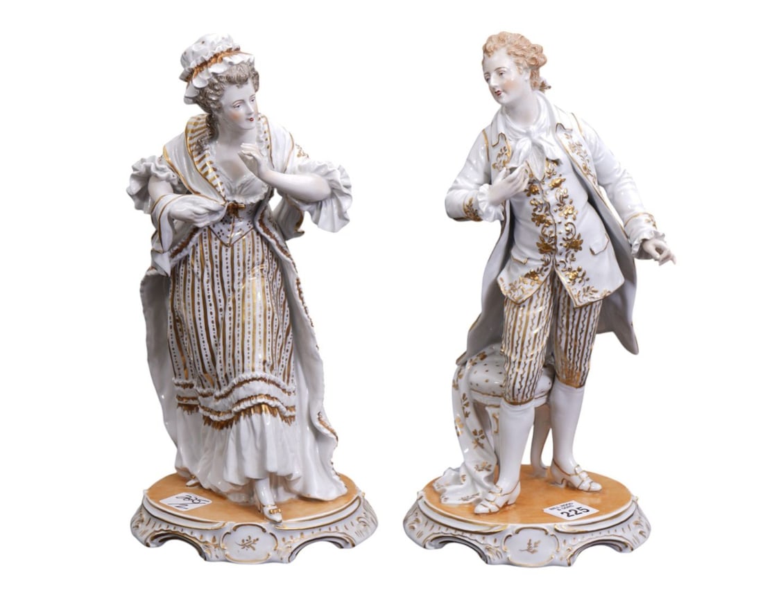 Pair Dresden 19th c. Courting Couple, Elaborate Attire, Gilt Design On White Ground, 13"h x 6"w x 5: Pair Dresden 19th c. Courting Couple, Elaborate Attire, Gilt Design On White Ground, 13"h x 6"w x 5 1/2"