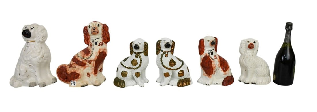 6 Assorted Antique Staffordshire Spaniels, Largest 12"h x 11"w x 5"d (Copper Luster With Crack,: 6 Assorted Antique Staffordshire Spaniels, Largest 12"h x 11"w x 5"d (Copper Luster With Crack, Large Red one Mended)