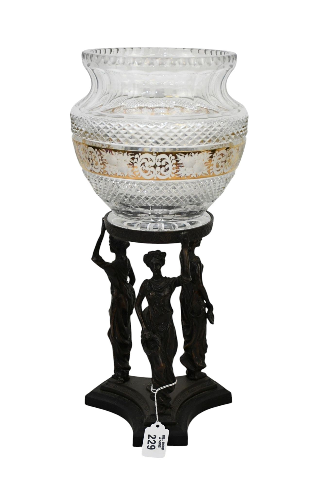 2 Pcs. Centerpiece, 3 Bronze Maidens Supporting Cut Glass Bowl with Engraved Band Around Center,: 2 Pcs. Centerpiece, 3 Bronze Maidens Supporting Cut Glass Bowl with Engraved Band Around Center, 17"h x 8"w (Bowl not original to base)