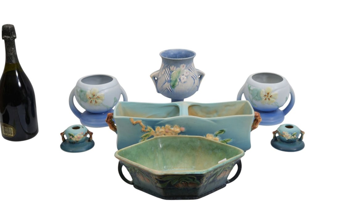 Roseville Pottery Lot; Blue Apple Blossom Planter & Candlesticks, Pair Panella Bulb Planters, (1 of 7)