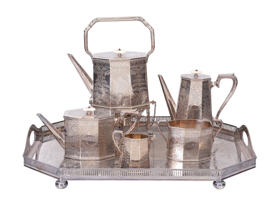 5 Pc. Antique Silverplate Tea Service With Non-Matching Large Tray, Engraved Design, Troy Walker &: 5 Pc. Antique Silverplate Tea Service With Non-Matching Large Tray, Engraved Design, Troy Walker & Hall Sheffield England, Incl; Hot Water Kettle & Stand, Coffee Pot, Teapot, Open Sugar Bowl and Cream