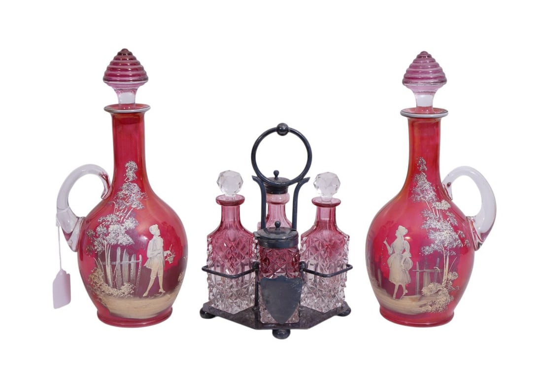 Lot of Antique Cranberry Glass, Pair of Mary Gregory Large Cruets AND 4 Pc. Cruet Set, Cranberry to (1 of 8)