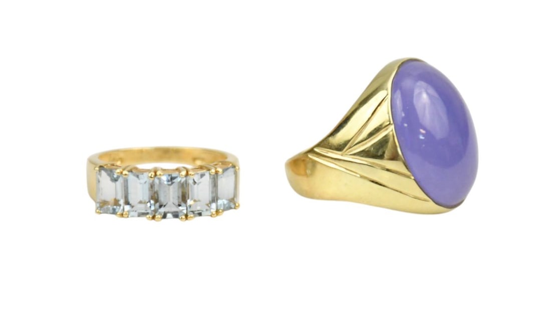 2 -14K Yellow Gold Rings. Lavender Jade ring Size 8.5, Blue stone ring size 6.75, wt. 10.9 grams: 2 -14K Yellow Gold Rings. Lavender Jade ring Size 8.5, Blue stone ring size 6.75, wt. 10.9 grams