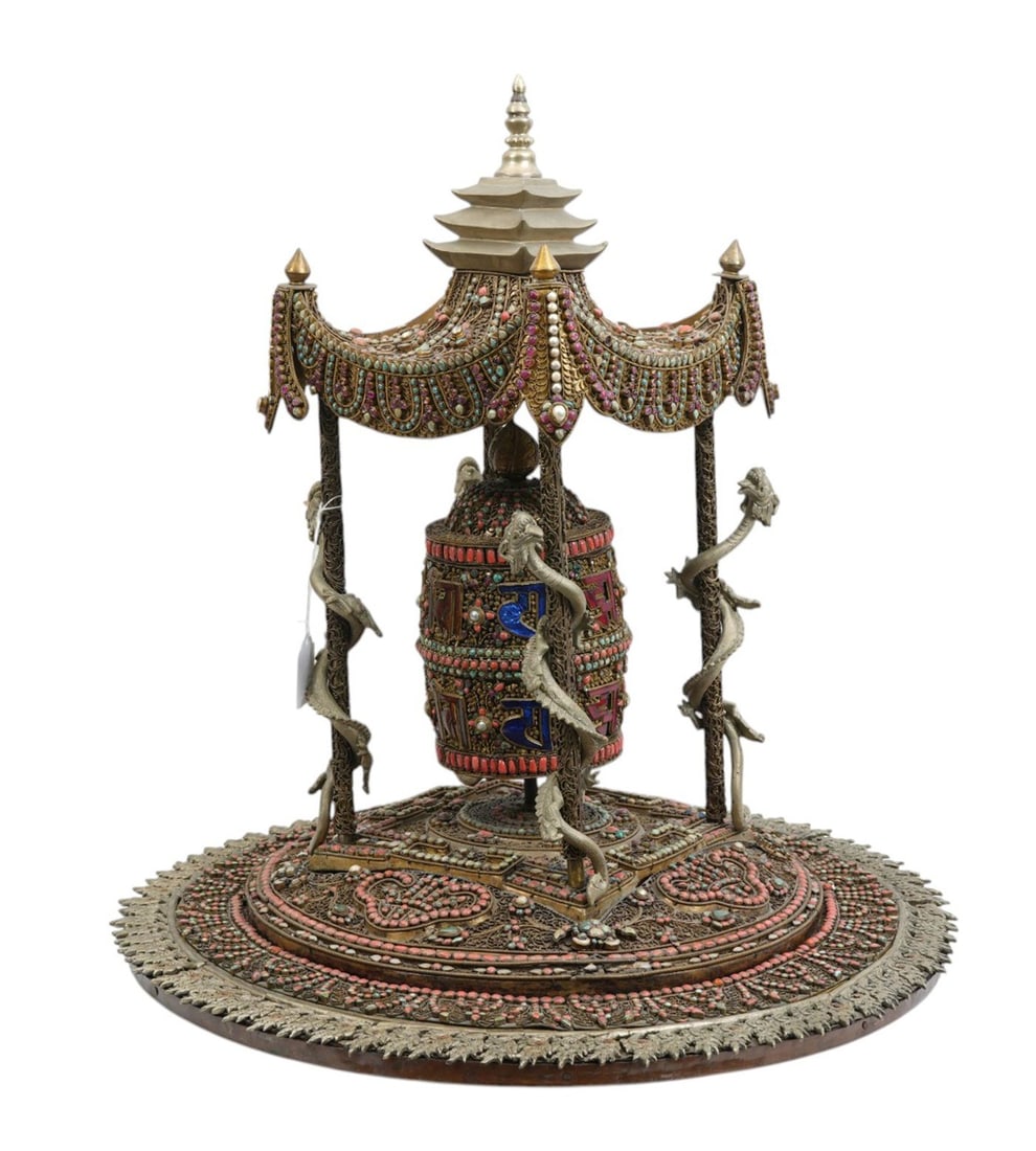 Unusual and rare antique Sino Tibet Buddhist Prayer Wheel. Bronze with gold wash, silver fittings,: Unusual and rare antique Sino Tibet Buddhist Prayer Wheel. Bronze with gold wash, silver fittings, genuine lapis, coral, turquoise, pearls and sapphires. Height 21" base 20" prayer wheel - 8 x 5 inche