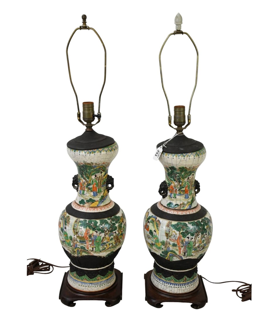 Pair Chinese Vase Form Lamps with Metal Mounts, 24"h to top socket x 7" square: Pair Chinese Vase Form Lamps with Metal Mounts, 24"h to top socket x 7" square