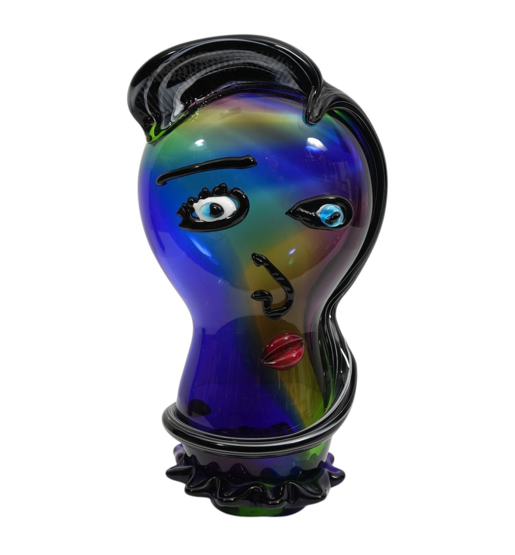 Contemporary Blown Glass Sculpture of Face, Blue, Green, Yellow & Black, approx. 13 inches tall: Contemporary Blown Glass Sculpture of Face, Blue, Green, Yellow & Black, approx. 13 inches tall