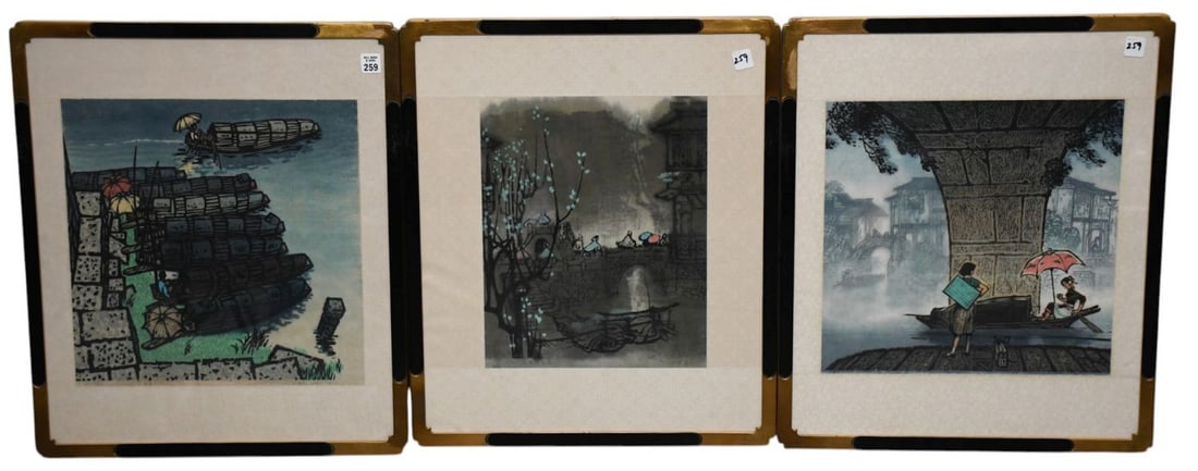 3 Japanese Woodblocks, edition of 50. Night rain diving into Spring-1981. & two other. sight size: 3 Japanese Woodblocks, edition of 50. Night rain diving into Spring-1981. & two other. sight size 15 x 12 inches. Overall 24 x 20-1/2 inches
