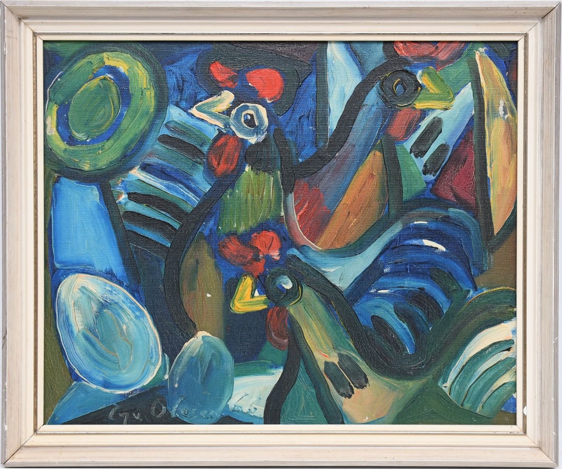 Eyvind Olesen (Danish, 1907-1995) oil on board, Roosters painting, 13 1/2 x 16 inches. overall frame (1 of 4)