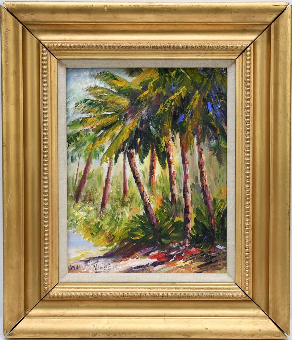 William Vincent 20th Century Florida School, oil on canvas palm trees. canvas 14 x 11 inches. (1 of 6)