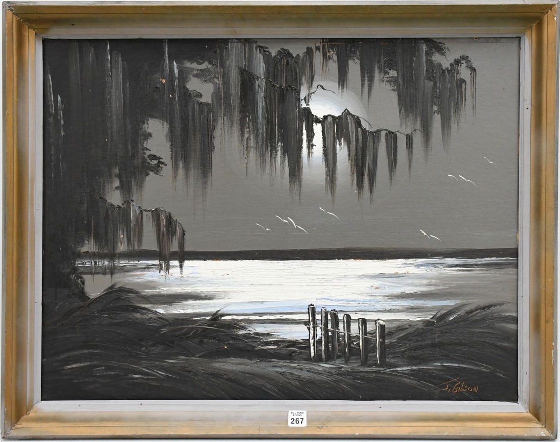 JAMES GIBSON FLORIDA HIGHWAYMEN PAINTING - Vintage: JAMES GIBSON FLORIDA HIGHWAYMEN PAINTING - Vintage Upson James Gibson b. 1938, Florida Moonlite Landscape with mossy trees overlooking the water. Vintage Upson board 22 x 29 inches. Overall w/ frame 2