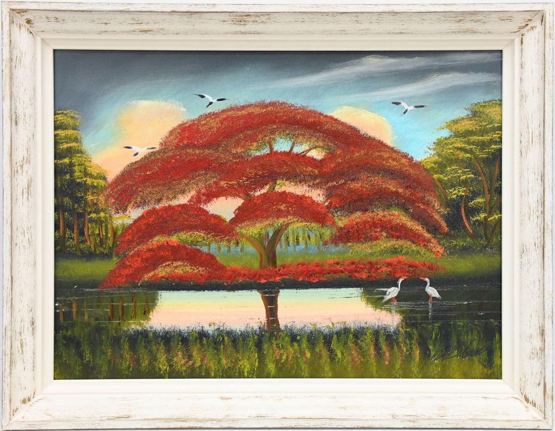 Al Black Florida Highwaymen Painting - Poinciana Tree. Albert “Blood" Black (1947-2025) Oil on: Al Black Florida Highwaymen Painting - Poinciana Tree. Albert “Blood" Black (1947-2025) Oil on Masonite 18 x 24 inches overall with frame 21 x 27 inches.