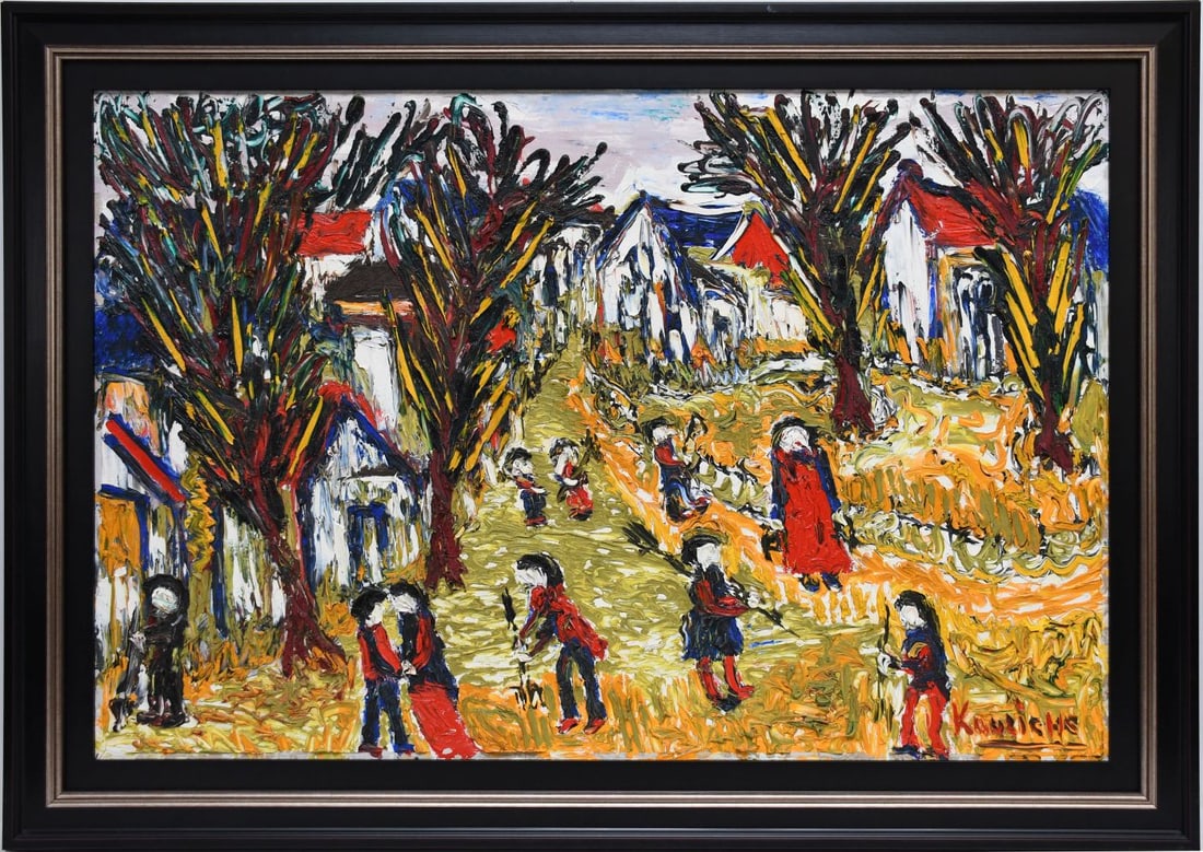 Michel Kouliche (French 1922-2010) oil on canvas, impressionist heavy oil, Village w/ Figures.: Michel Kouliche (French 1922-2010) oil on canvas, impressionist heavy oil, Village w/ Figures. Signed lower right, also signed and titled on verso. Canvas 24 x 36 inches. Overall framed 30 x 42 inches