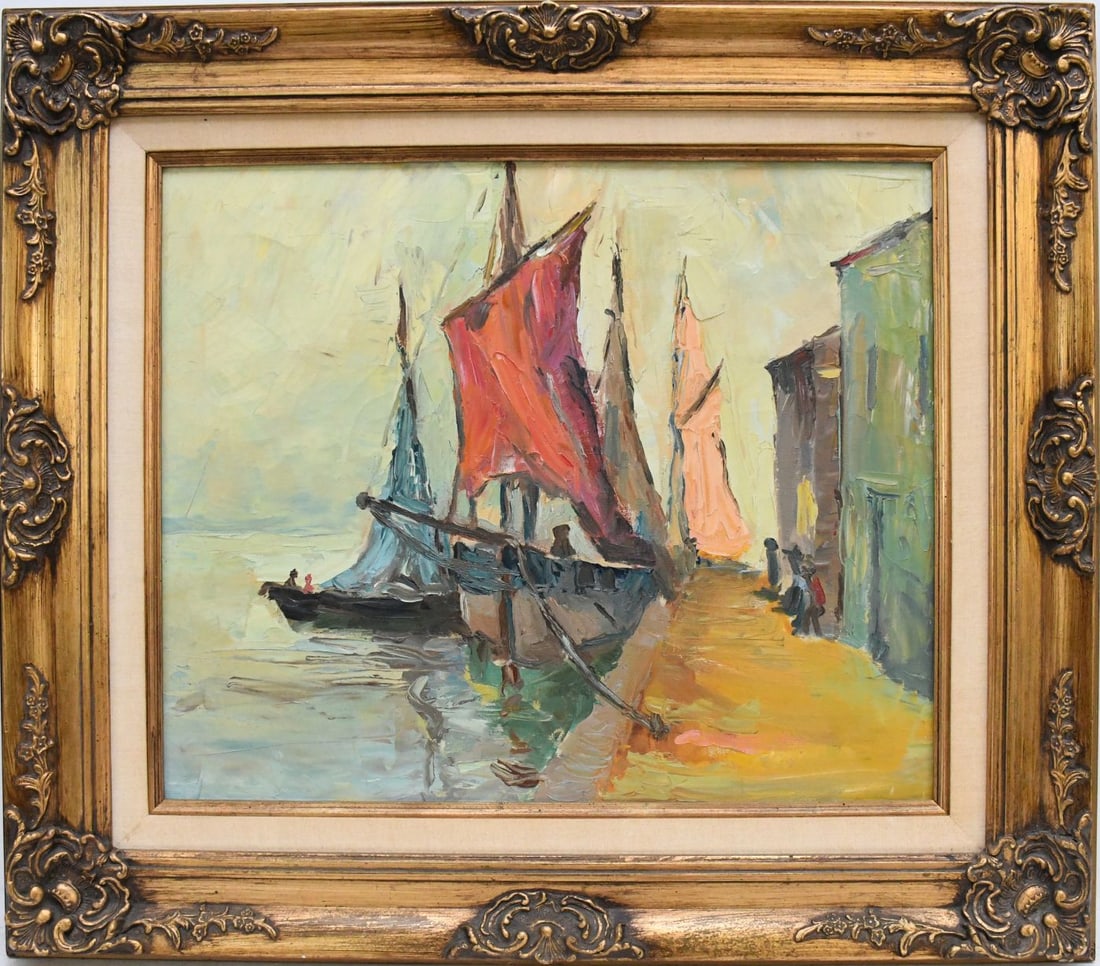 Original Seascape : Oil on Canvas Unsigned, Featuring a Seaside dock scene with ships, canvas 24 x (1 of 4)