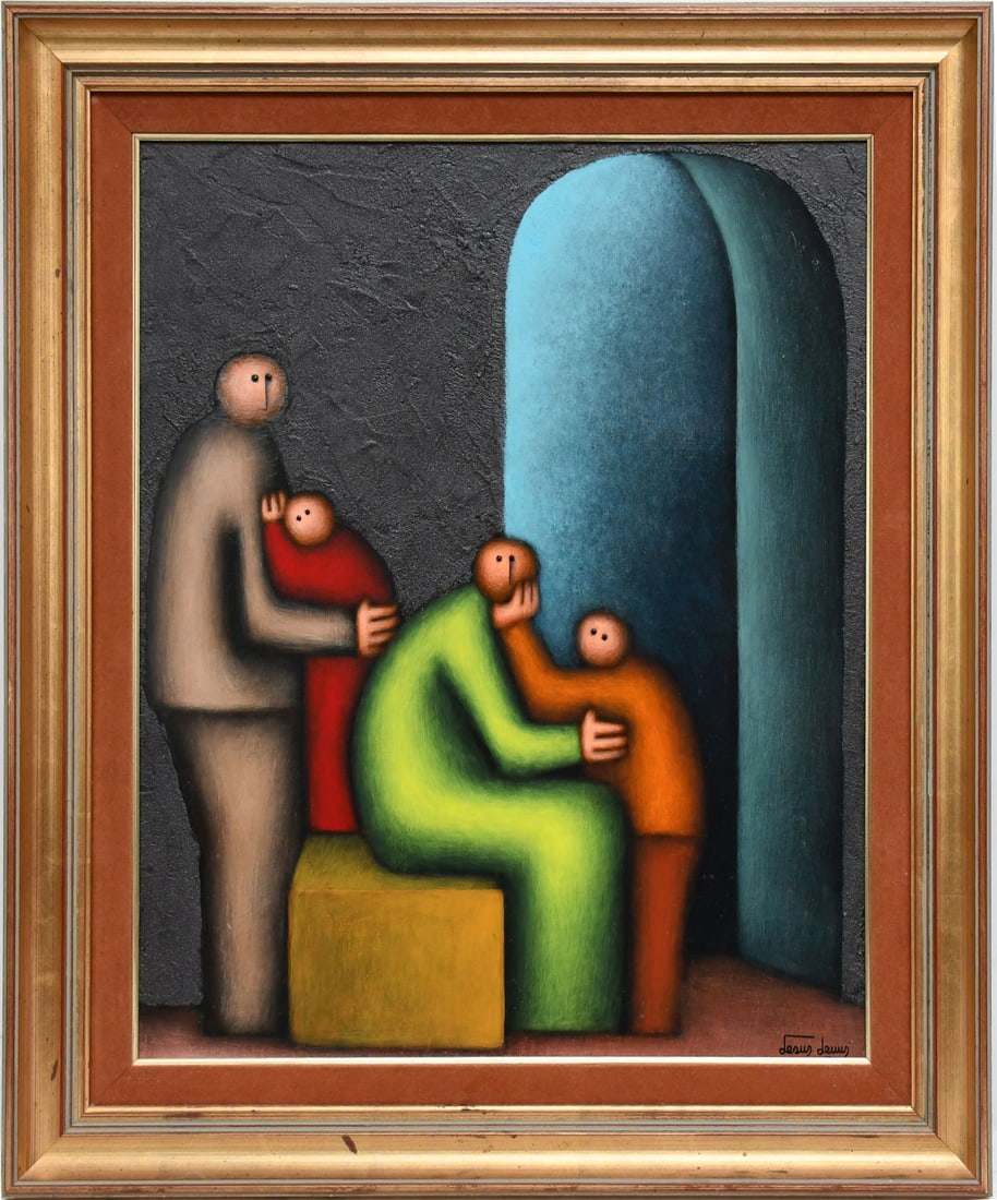 Jesus Leuus (Mexican, 1948-2008) - Figures, Oil on Masonite, Family Portrait, signed lower right. 20: Jesus Leuus (Mexican, 1948-2008) - Figures, Oil on Masonite, Family Portrait, signed lower right. 20 x 24 inches. 29 x 25 inches