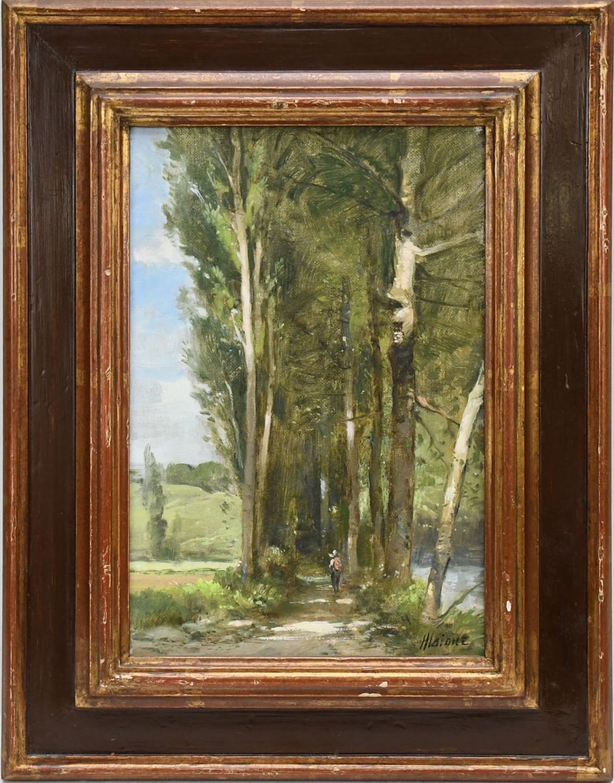 Robert Maione (American, 1932-1987) oil on canvas, wooded road by a river-1976. 12 x 8 inches.: Robert Maione (American, 1932-1987) oil on canvas, wooded road by a river-1976. 12 x 8 inches. overall framed size is 17-3/4 x 13-1/2 inches, John Pence Gallery San Francisco.