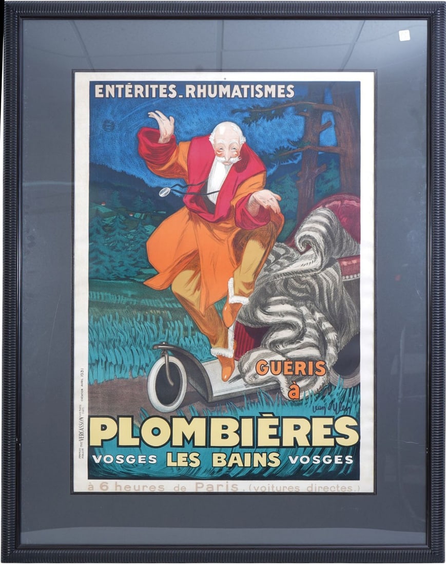 1931 Vintage French Travel Poster, Plombieres les Bains by Jean d'Ylen. Images 41 x 29 inches.: 1931 Vintage French Travel Poster, Plombieres les Bains by Jean d'Ylen. Images 41 x 29 inches. Overall 43-1/2 x 56 inches