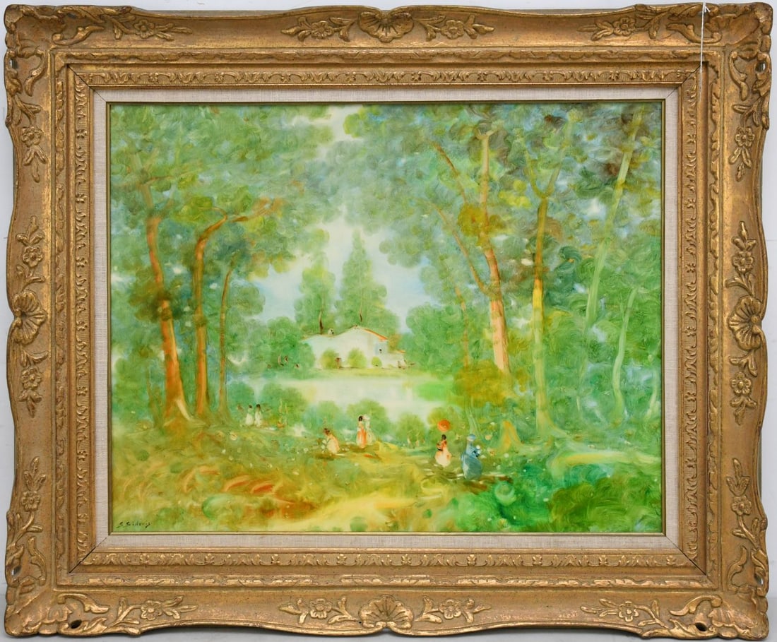 Stefanos Sideris (American / Greek, 1921-1978) Oil on Canvas, wooded landscape, painting 24 x 30: Stefanos Sideris (American / Greek, 1921-1978) Oil on Canvas, wooded landscape, painting 24 x 30 inches. Wood carved and gilded Frame 34 x 40 inches