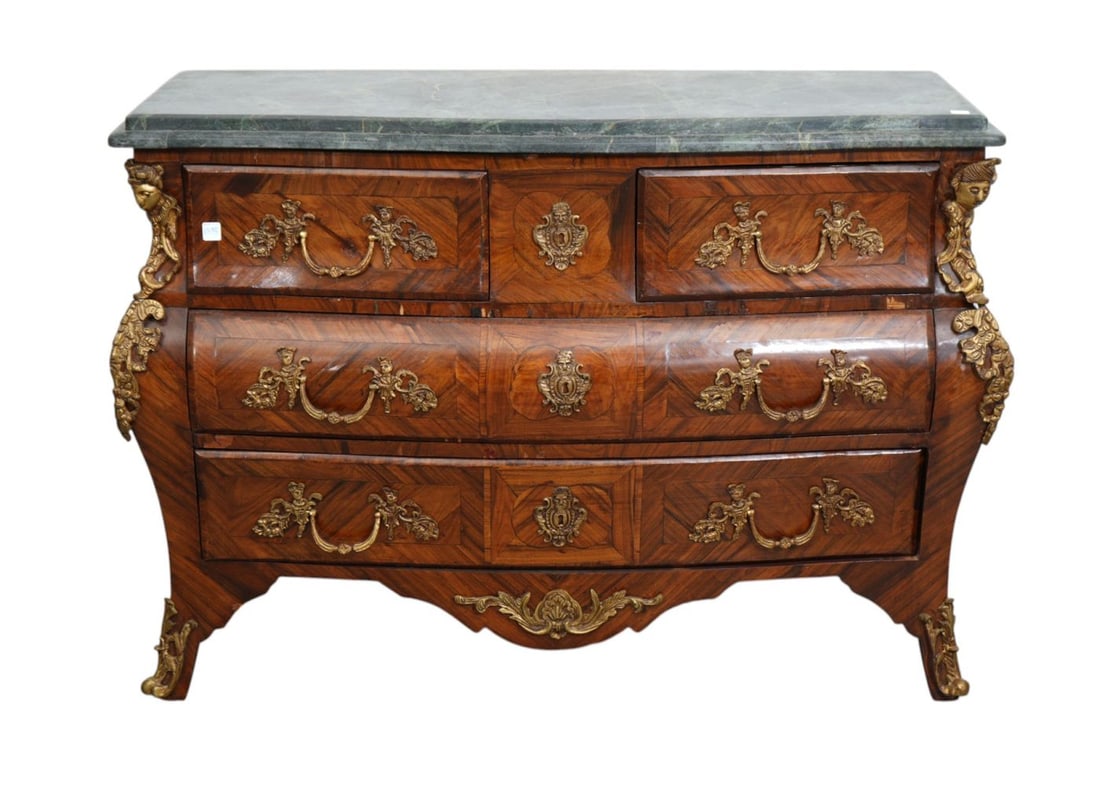 French Commode, Bombay Drawers with Parquetry Inlay, Heavy Gilt Mounts, Green Marble Conforming Top,: French Commode, Bombay Drawers with Parquetry Inlay, Heavy Gilt Mounts, Green Marble Conforming Top, 34"H x 48"w x 20"d (some veneer loss)