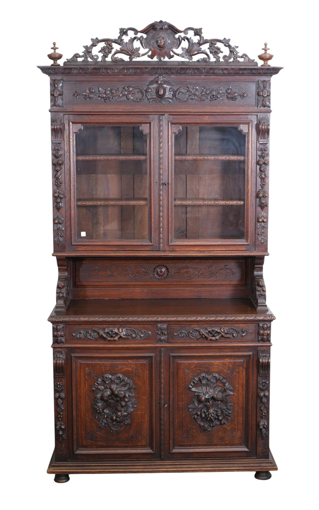 Continental 19th c. Heavily Carved Oak & Walnut 2 Pc. Step-Back Cabinet, Pierced Carved Cornice Over (1 of 9)
