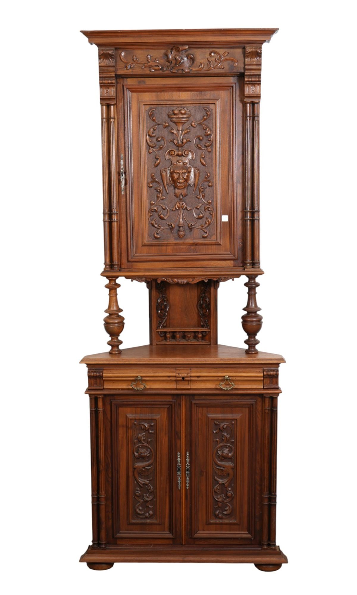 Continental 2pc. Corner Cabinet, Heavily Carved Oak & Walnut With Mask Carving on Panel Door Over (1 of 8)