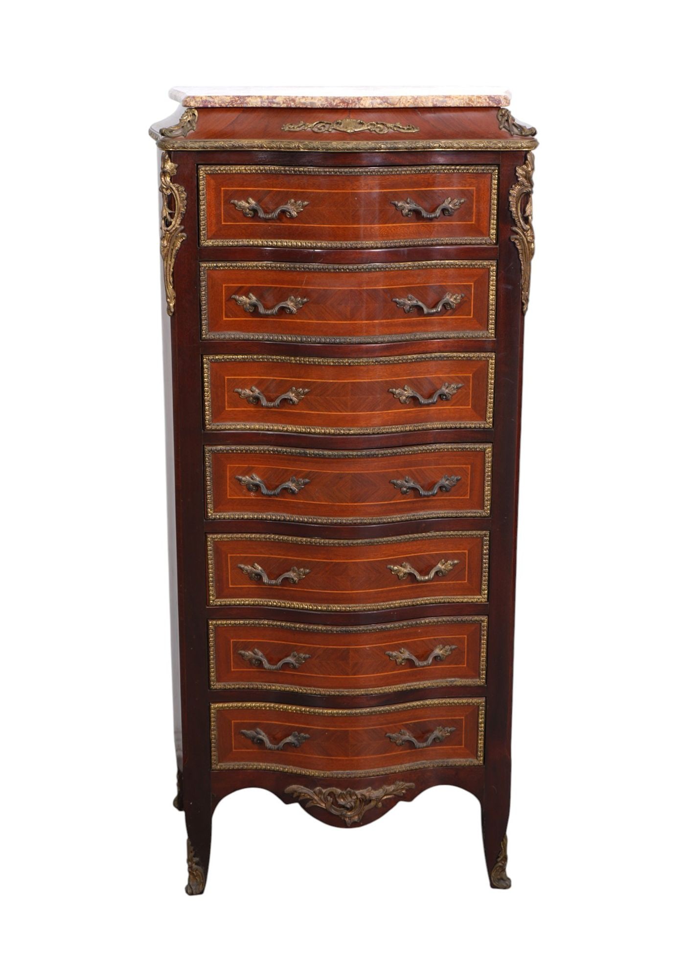French Serpentine Semainier, 7 Drawers, Stamped "Made in France" Gilt Bronze Mounts with Marble Top,: French Serpentine Semainier, 7 Drawers, Stamped "Made in France" Gilt Bronze Mounts with Marble Top, 51"h x 22"w x 13 1/2"d