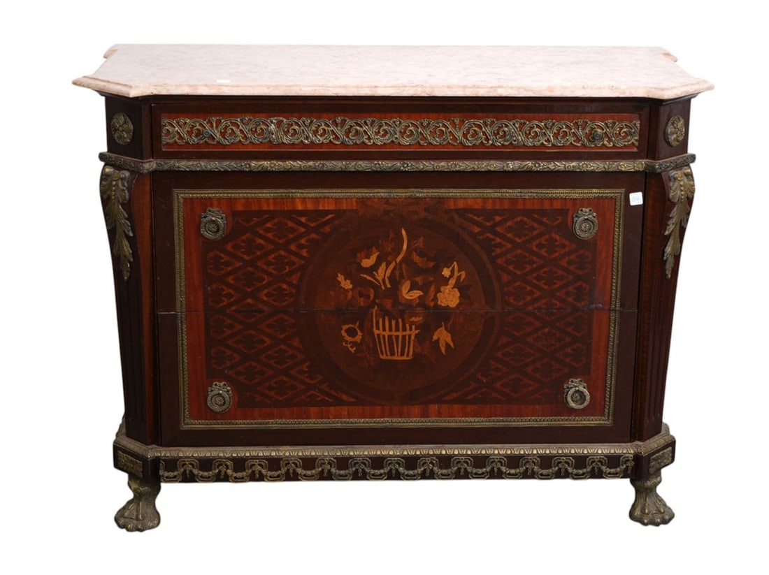 Mahogany 20th c. 3 Drawer Commode, Marquetry Design in Center, Vase & Flowers, Bronze Mounts, Bronze: Mahogany 20th c. 3 Drawer Commode, Marquetry Design in Center, Vase & Flowers, Bronze Mounts, Bronze Lion Paw Feet and Conforming Marble Top, 40"h x 51"w x 23"d (veneer chip rt. Bottom drawer)