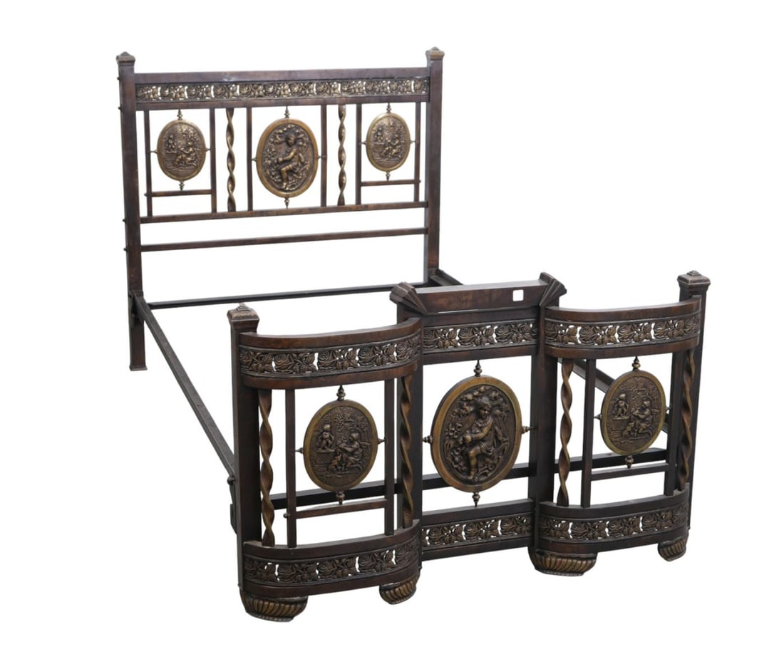 Unusual Gilt Metal Brass & Bronze Bed, Headboard & Footboard with Oval Medallions in Relief, 46 (1 of 7)