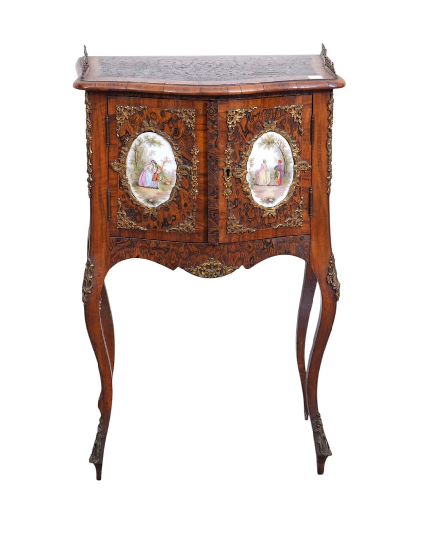 Unusual French Diminutive Commode with Gilt Metal Gallery Rim on 2 Sides, Rare Burled Wood Surface,: Unusual French Diminutive Commode with Gilt Metal Gallery Rim on 2 Sides, Rare Burled Wood Surface, 2 Doors Each with Hand painted Porcelain Oval Plaques, Cabriole Legs, 32"h x 21"w x 14"d (fair condi