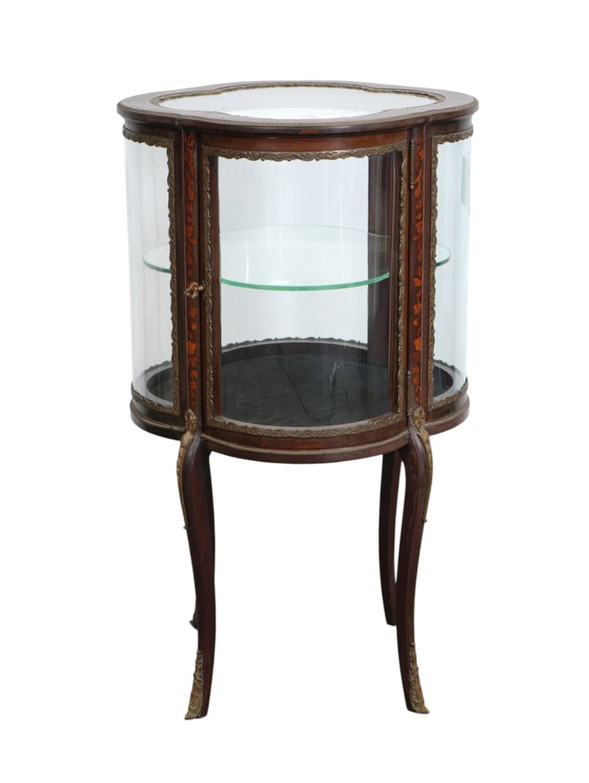 French Marquetry Clover Shape Vitrine, 4 Bowed Panels of Glass, Single Door with One Interior Shelf,: French Marquetry Clover Shape Vitrine, 4 Bowed Panels of Glass, Single Door with One Interior Shelf, Gilt Metal Mounts, 38"h x 22" DIA