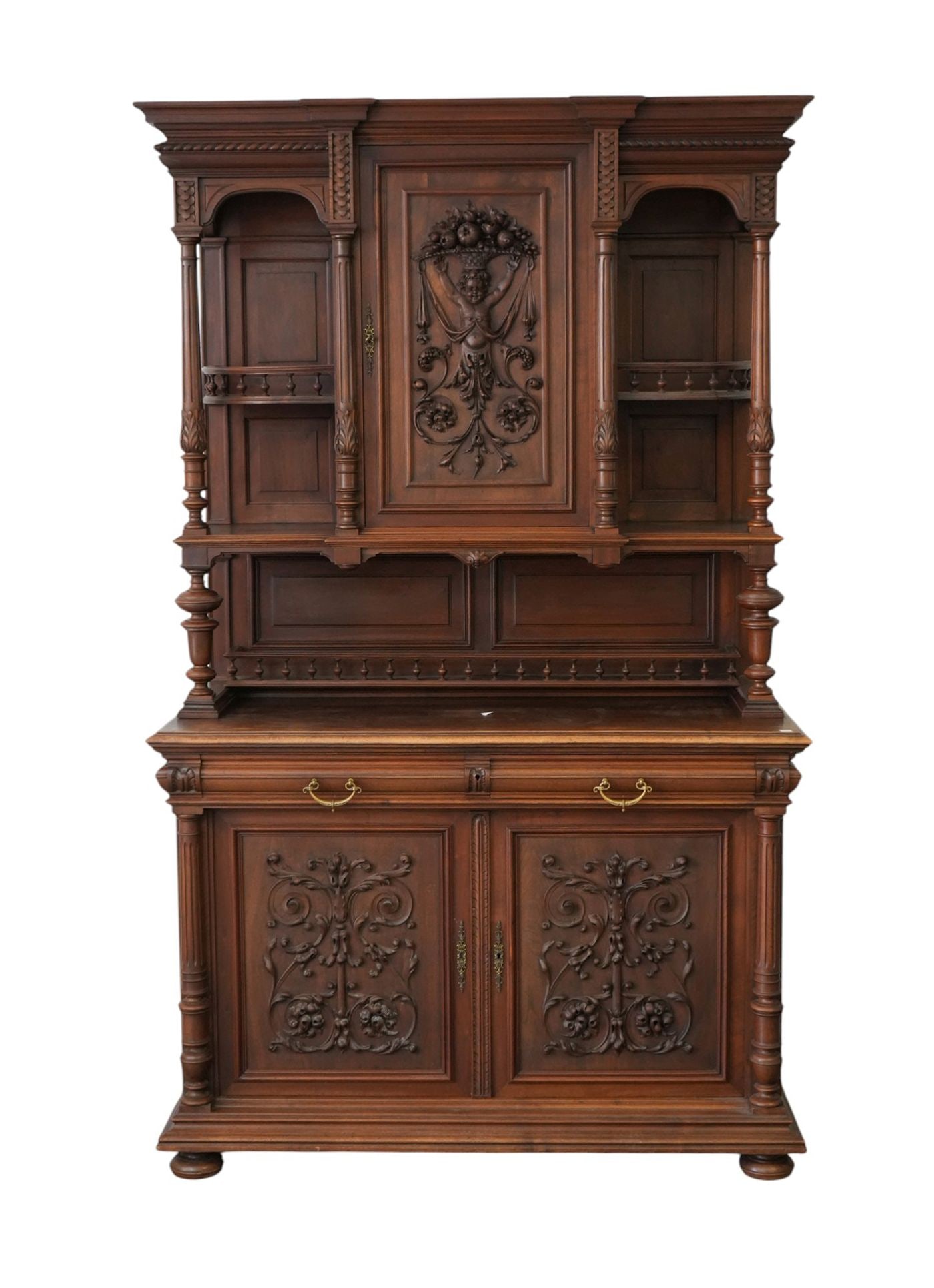 Continental 19th c. Step-Back Cupboard In 3 Sections, Mahogany & Walnut, Carved Cornice Over Carved (1 of 8)