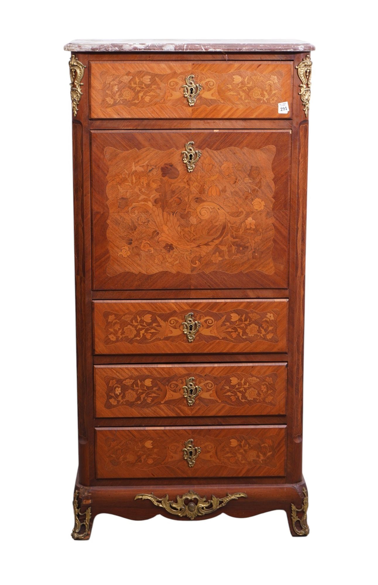 French Abattant, 19th c. Marquetry with Bronze Mounts & Marble Top, 56"h x 26"w x 14"d: French Abattant, 19th c. Marquetry with Bronze Mounts & Marble Top, 56"h x 26"w x 14"d