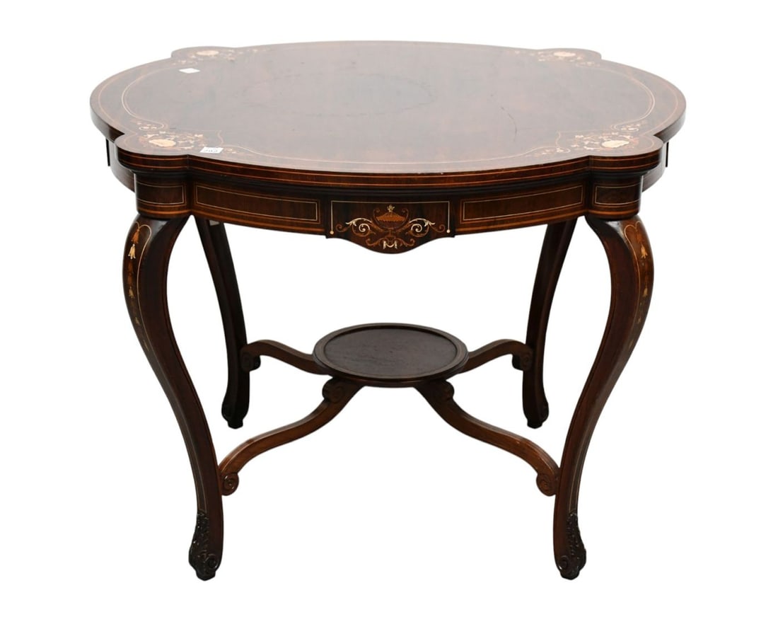 Mahogany Center Table with Marquetry Panels, String Inlay & Bell Flower Design on Legs, 27"h x (1 of 5)