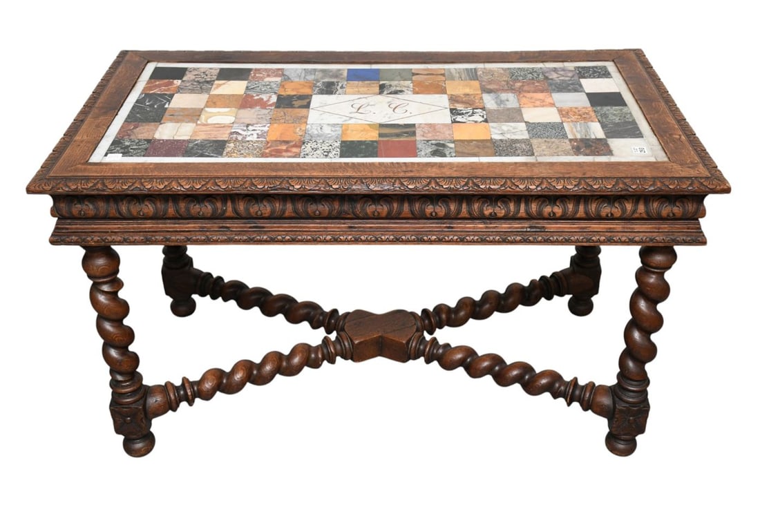 Oak Occasional Table, 19th c., Large Barley Twist Stretcher Base, Carved Apron Holding Multi-Color: Oak Occasional Table, 19th c., Large Barley Twist Stretcher Base, Carved Apron Holding Multi-Color Marble Mosaic Squares with Monogram Top, 28"h x 47"w x 25 1/2"d