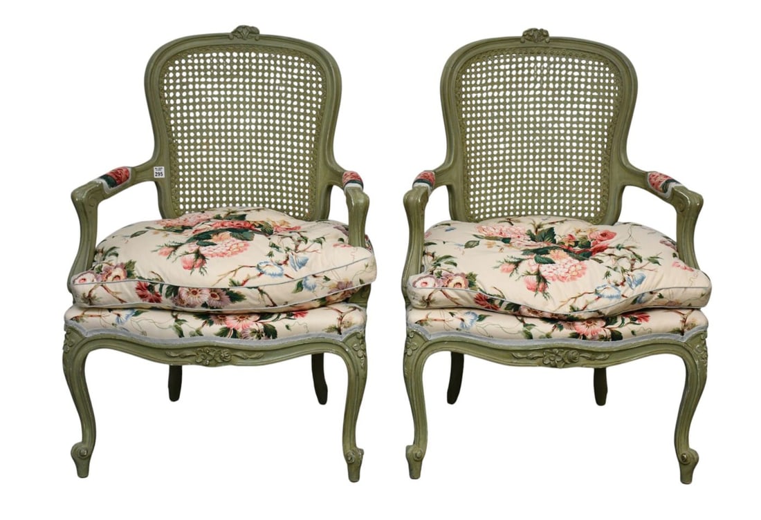Pair French Provincial Painted Green Bergères, Caned Backs with Custom Upholstered Cushions, 35: Pair French Provincial Painted Green Bergères, Caned Backs with Custom Upholstered Cushions, 35 1/2"h x 24"w x 19"d