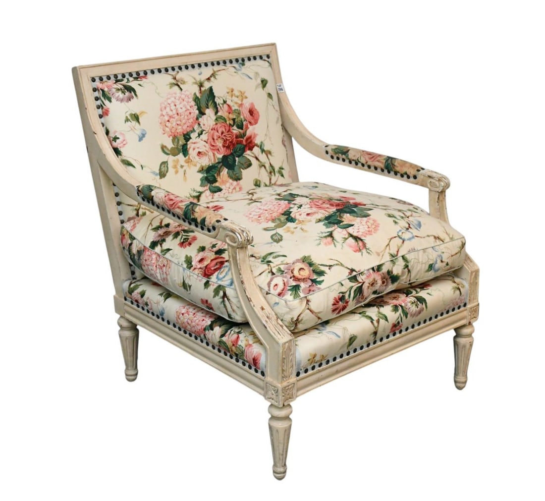 French Bergere With White Wash Frame and Custom Floral Upholstery, 34"h x 27"w x 23"d (needs: French Bergere With White Wash Frame and Custom Floral Upholstery, 34"h x 27"w x 23"d (needs reupholstering)