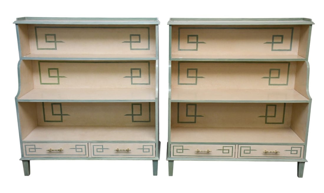 Pair 3 Tier Bookshelves with 2 Drawers at Base, Chinoiserie Painted Designs on Sides, Signed, 46 (1 of 12)