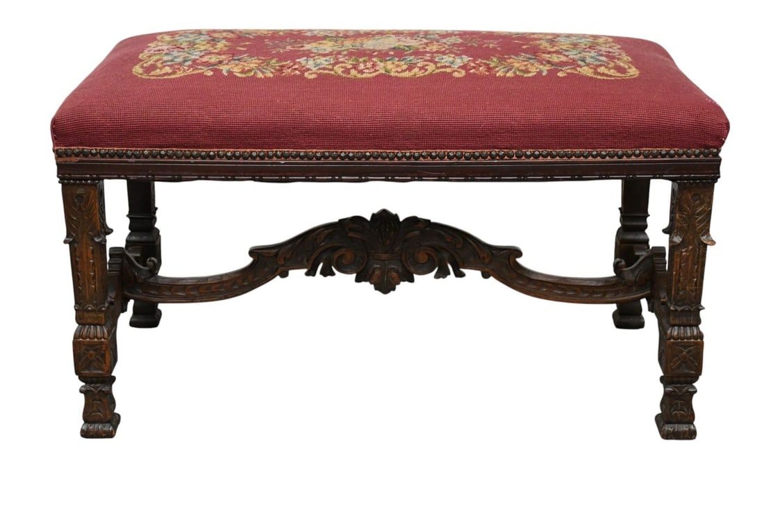 Spanish Baroque Carved Bench with Stretcher Base & Needlepoint Top, 20"h x 35"w x 18"d (1 of 4)