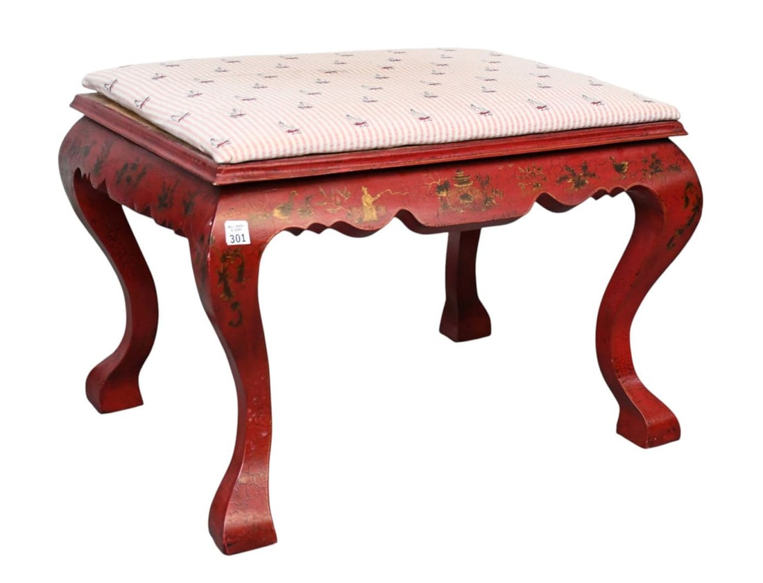 Red Chinoiserie Bench Ottoman with Sailboat Fabric Seat Cover, (worn fabric) 20"h x 26"w x 21 1/2"d (1 of 5)
