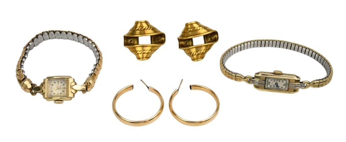 14K Gold Jewelry Lot. 2 pairs of earrings and 2 watches Wittnauer & Jules Jurgensen ladies watch: 14K Gold Jewelry Lot. 2 pairs of earrings and 2 watches Wittnauer & Jules Jurgensen ladies watch both need service. Both have 14K gold case. Wt. 10.4 grams