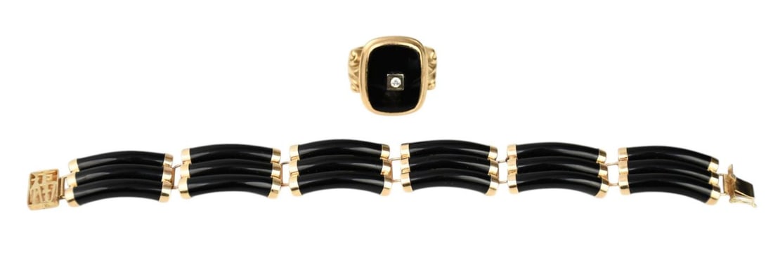 14K Yellow Gold Onyx Bracelet & Ring. Ring size 10.25 onyx with small diamond accent and bracelet: 14K Yellow Gold Onyx Bracelet & Ring. Ring size 10.25 onyx with small diamond accent and bracelet 6.5" wt. 35.1 grams