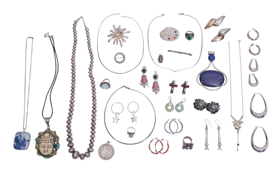 Sterling Silver Jewelry Lot. Necklaces, Earrings, Rings, Pendants. 1885 O Morgan Dollar Pendant. (1 of 13)