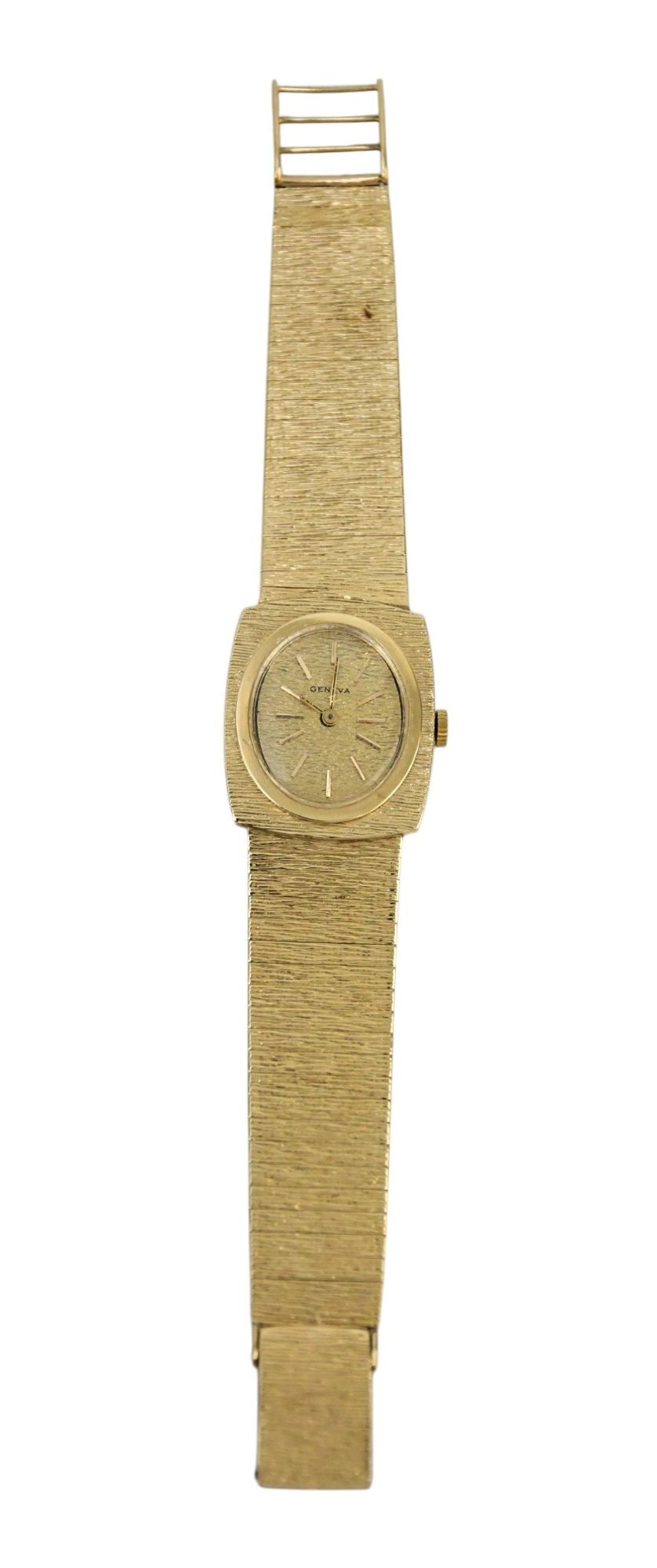 14K Yellow Gold Geneva Watch. 6" band 25mm, need batteries. Wt. 49.2 grams (1 of 5)