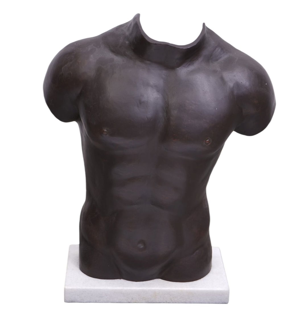 Bronze Male Torso Sculpture, Marble Base, Rosenbaum Fine Art Boca Raton Label, Bronze 24"h x 19"w x (1 of 5)