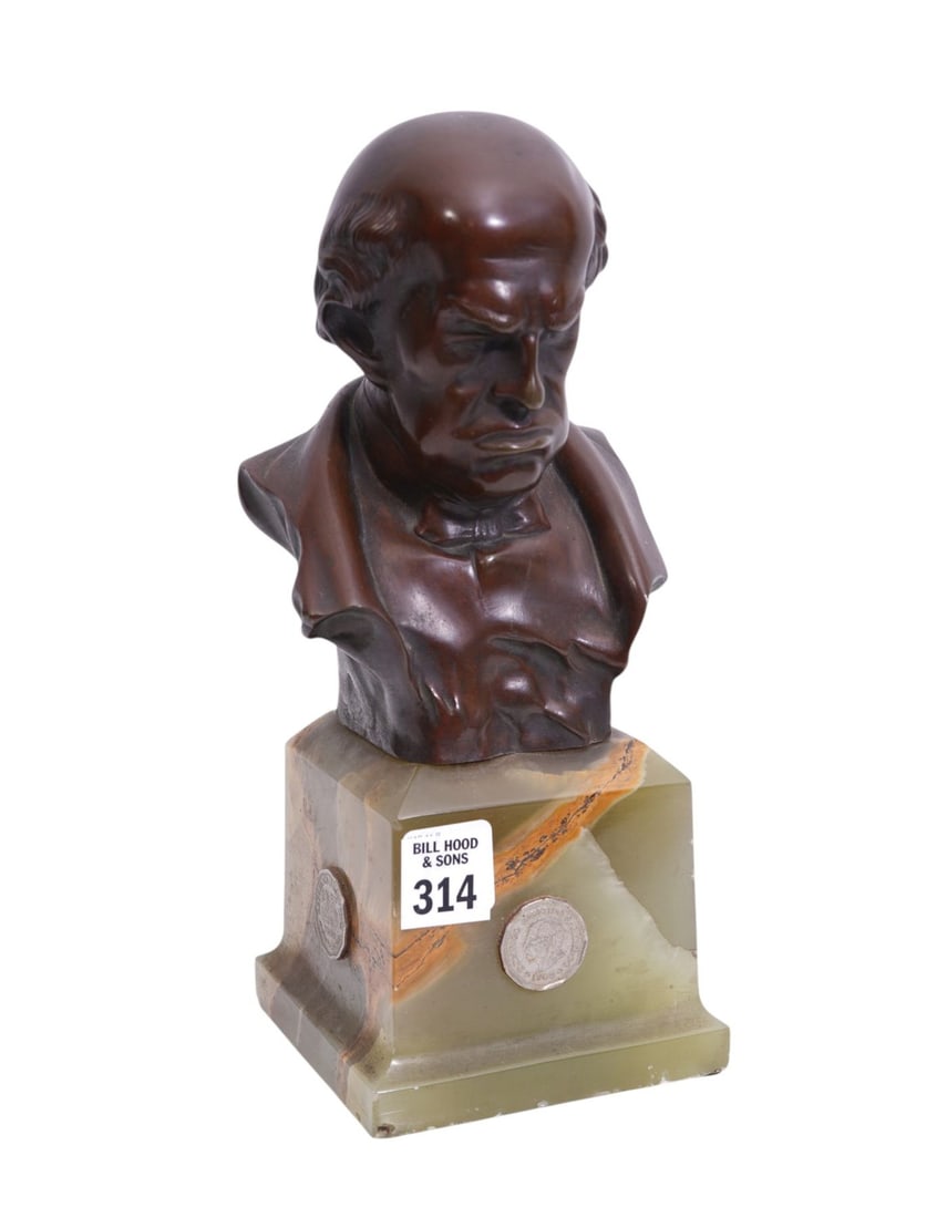 Bronze Classical Bust on Onyx Base, Argentinian Pesos Conis Glued to Base, 10"h x 4 1/2'w (1 of 6)