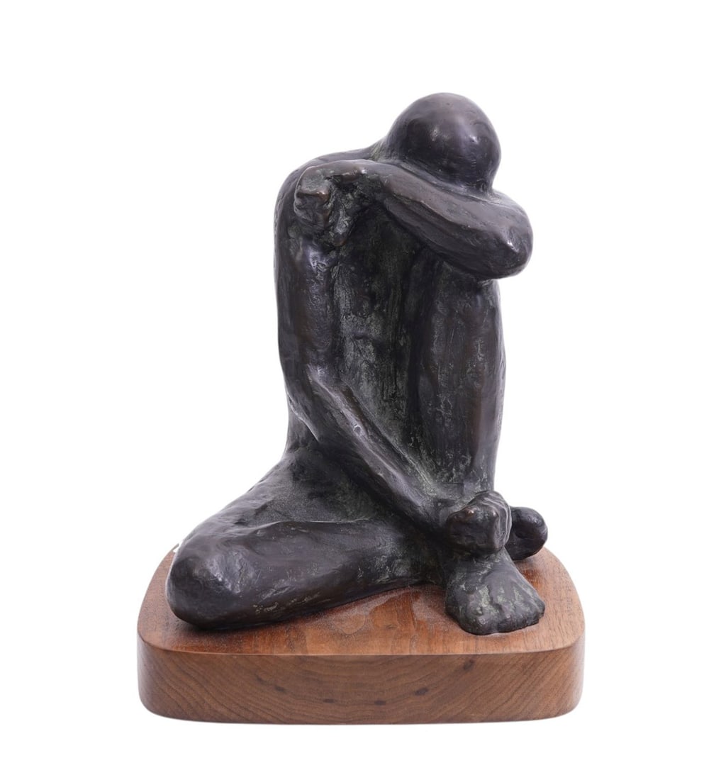 Bronze Seated Man, Rodin Style, Signed M. Matis?, Mounted on Wood Base, 10"h x 8"w: Bronze Seated Man, Rodin Style, Signed M. Matis?, Mounted on Wood Base, 10"h x 8"w