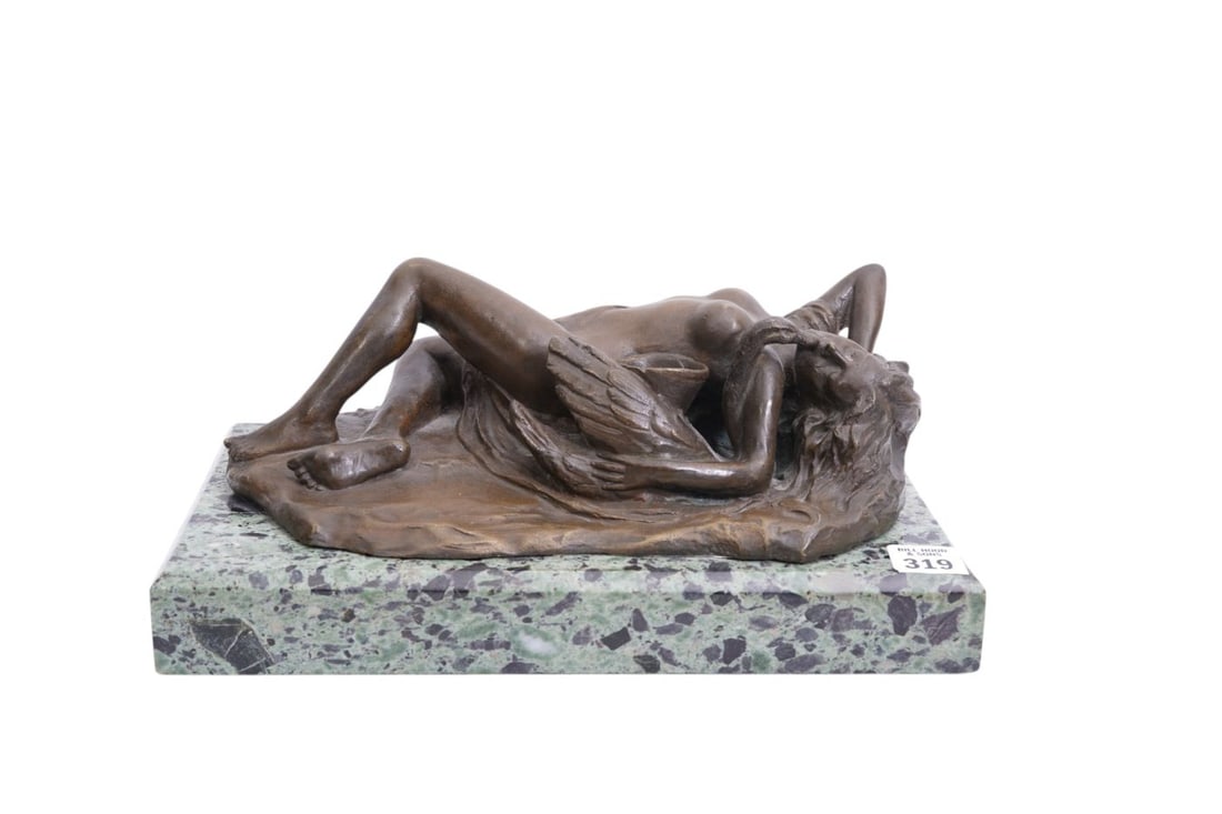 Bronze Lady Swan Inkwell on Marble Plinth, 7" x 12": Bronze Lady Swan Inkwell on Marble Plinth, 7" x 12"