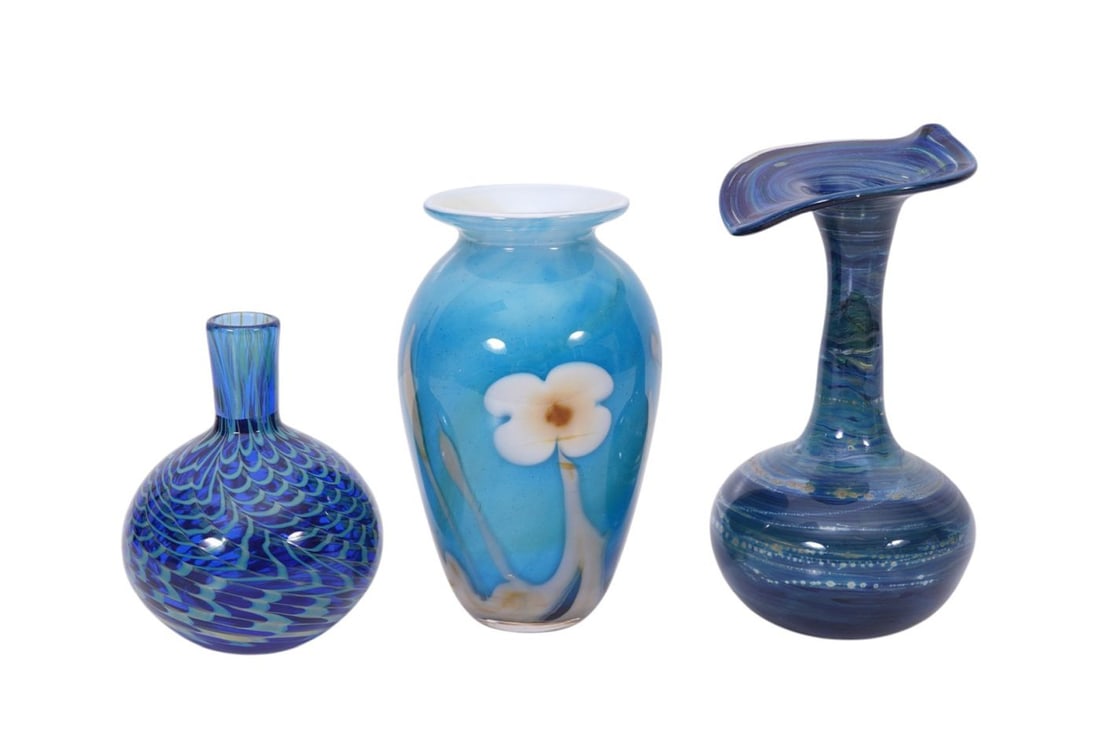 3 Small Art Glass Vases, One Signed Rochester Folk Art Guild, Other Signed D. Bacwell and One Signed (1 of 6)