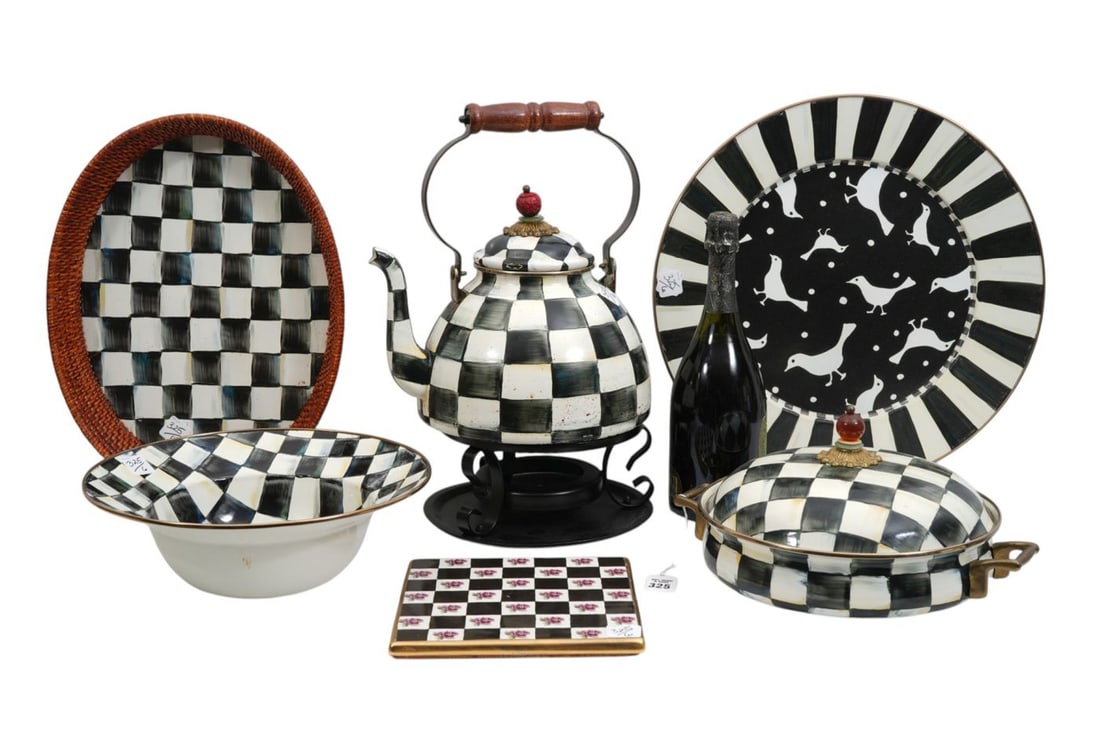 Mackenzie Childs Black/White Enamelware, Trivet Tea Kettle (as is bottom rim) AND Charger with White (1 of 14)